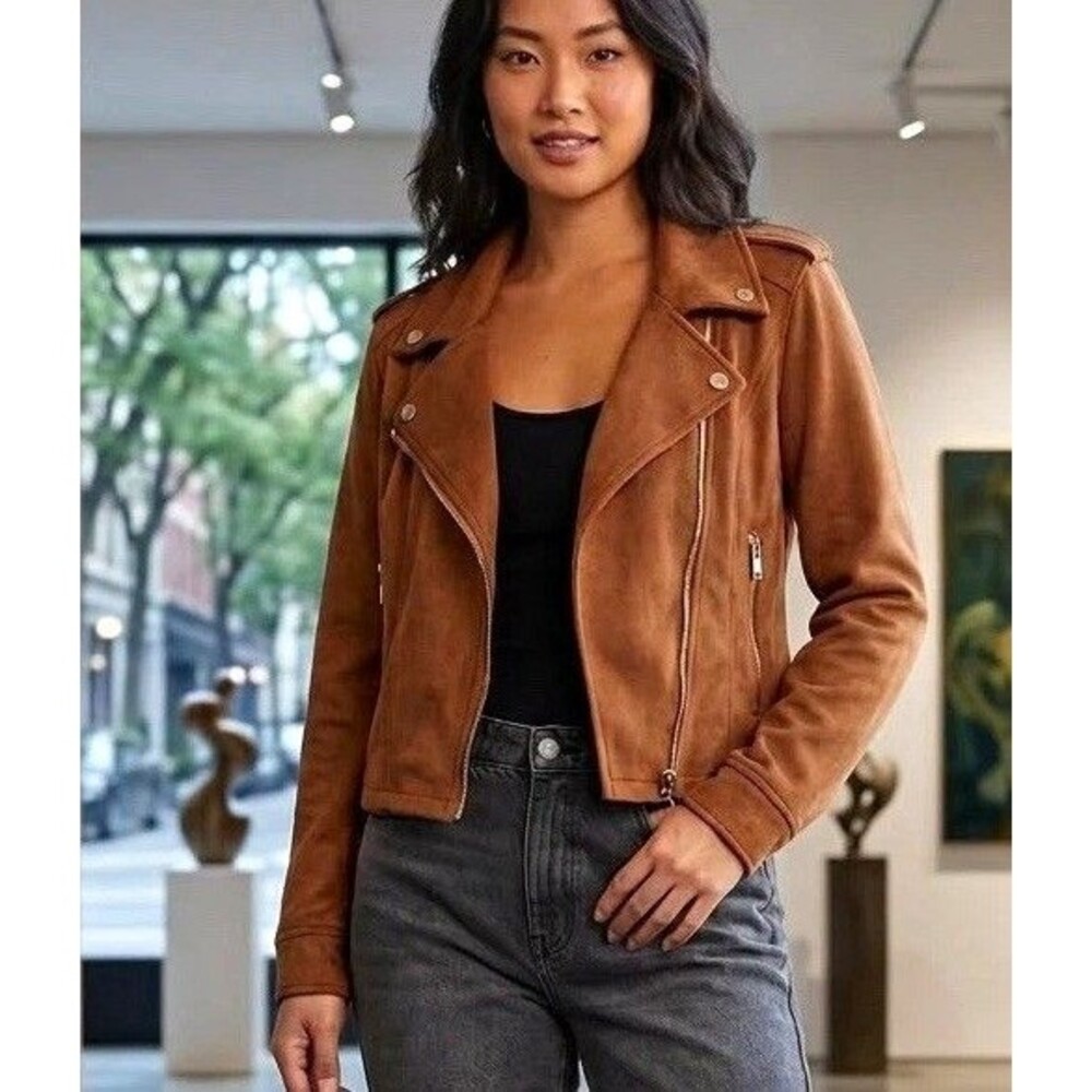 Vintage Western Caramel Faux Suede Biker Jacket Cropped Moto Cozy Fall Medium